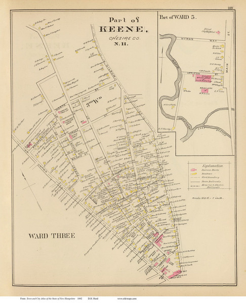 Keene - Ward 3, 5, Part of, New Hampshire 1892 Old Town Map Reprint - Hurd State Atlas Cheshire