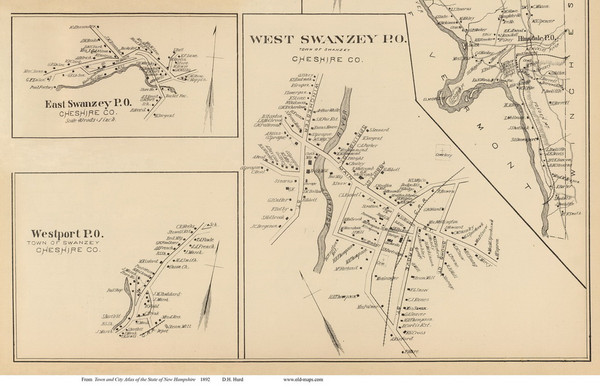 West Swanzey P.O., East Swanzey P.O., Westport P.O., New Hampshire 1892 Old Town Map Reprint - Hurd State Atlas Cheshire