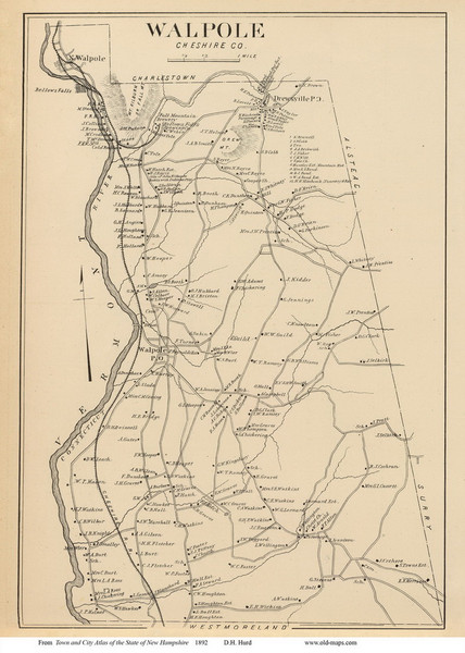 Walpole Town Custom, New Hampshire 1892 Old Town Map Reprint - Hurd State Atlas Cheshire
