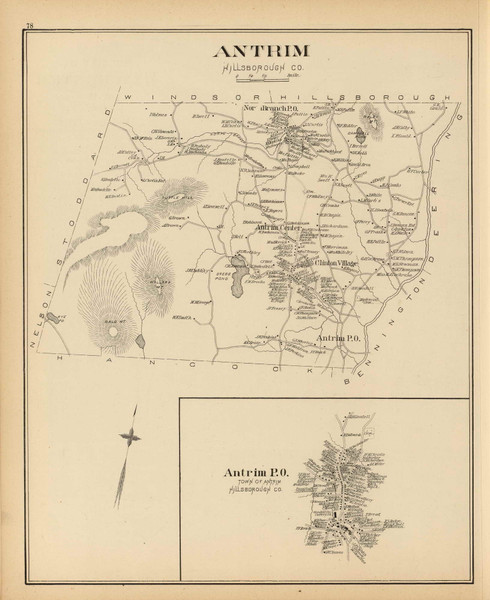 Antrim Town, Antrim P.O., New Hampshire 1892 Old Town Map Reprint - Hurd State Atlas Hillsboro
