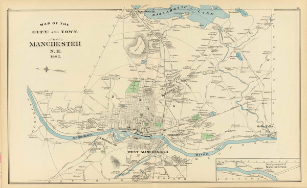 Manchester City and Town, Southern Part of Manchester, New Hampshire 1892 Old Town Map Reprint - Hurd State Atlas Hillsboro