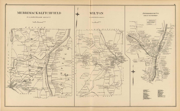 Merrimack & Litchfield Towns, Wilton Town, Peterborough P.O., New Hampshire 1892 Old Town Map Reprint - Hurd State Atlas Hillsboro