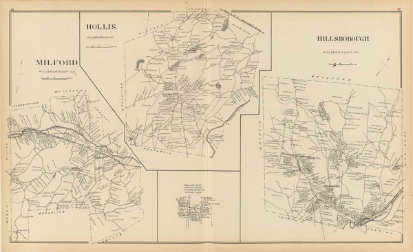 Milford Town, Hollis Town, Hillsborough Town, Hollis P.O., New Hampshire 1892 Old Town Map Reprint - Hurd State Atlas Hillsboro