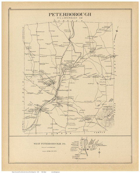 Peterborough Town, West Peterborough P.O., New Hampshire 1892 Old Town Map Reprint - Hurd State Atlas Hillsboro