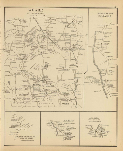 Weare Town, North Weare, East Weare, Oil Mill, Weare Center P.O., New Hampshire 1892 Old Town Map Reprint - Hurd State Atlas Hillsboro