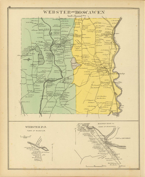 Webster & Boscawen Towns, Webster P.O., New Hampshire 1892 Old Town Map Reprint - Hurd State Atlas Merrimack