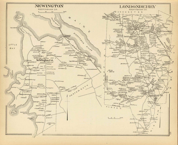 Newington Town, Londonderry Town, New Hampshire 1892 Old Town Map Reprint - Hurd State Atlas Rockingham