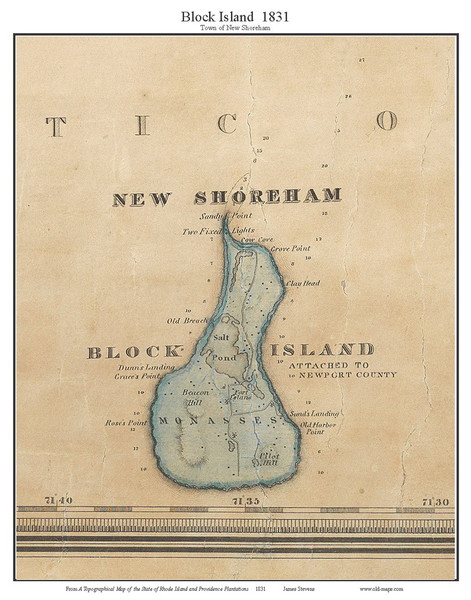 New Shoreham, Block Island Rhode Island 1831 - Old Town Map Custom Print - Stevens State Map
