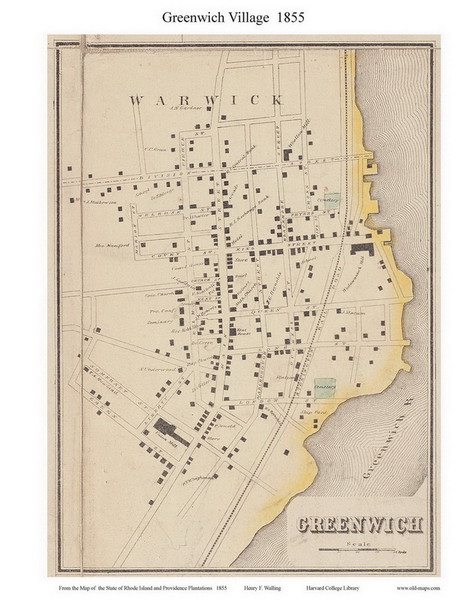 Greenwich Village, Rhode Island 1855 - Old Town Map Custom Print - 1855 State
