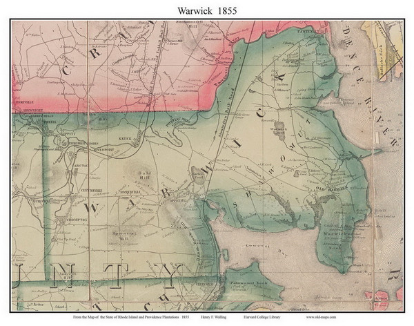 Warwick, Rhode Island 1855 - Old Town Map Custom Print - 1855 State