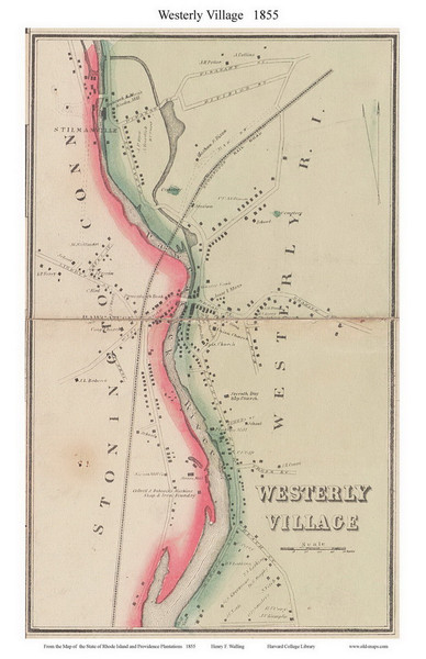 Westerly Village, Rhode Island 1855 - Old Town Map Custom Print - 1855 State