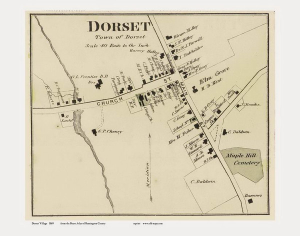 Dorset Village, Vermont 1869 Old Town Map Reprint - Bennington Co.