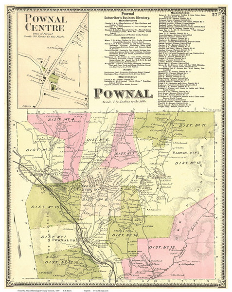 Pownal Town and Pownal Centre Village, Vermont 1869 Old Town Map Reprint - Bennington Co.
