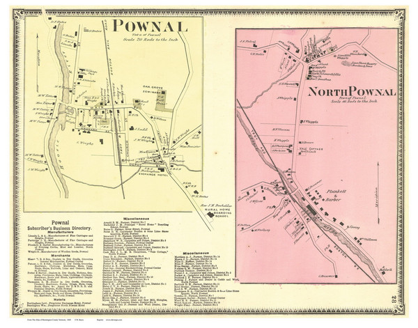 Pownal and North Pownal Villages, Vermont 1869 Old Town Map Reprint - Bennington Co.