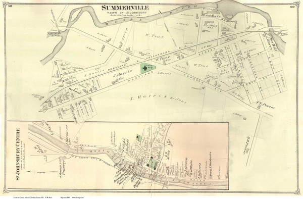 Summerville and St. Johnsbury Centre Villages, Vermont 1875 Old Town Map Reprint - Caledonia Co.