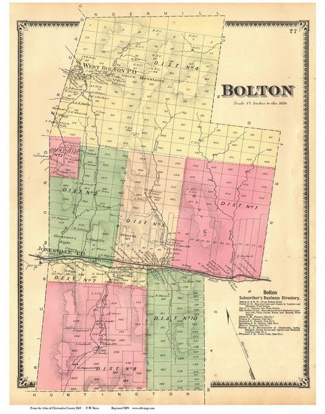 Bolton, Vermont 1869 Old Town Map Reprint - Chittenden Co.