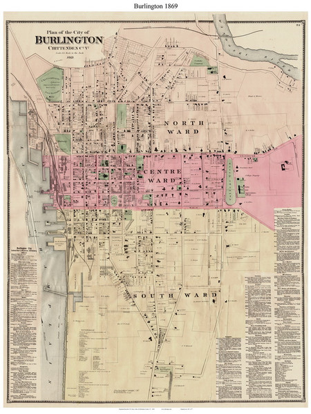 Burlington City, Vermont 1869 Old Town Map Reprint - Chittenden Co.
