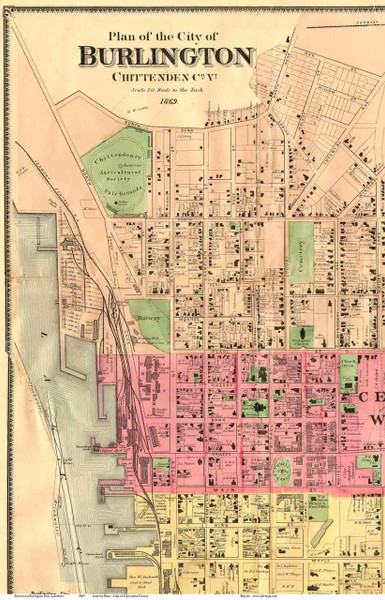 Burlington Downtown, Vermont 1869 Old Town Map Reprint - Chittenden Co.