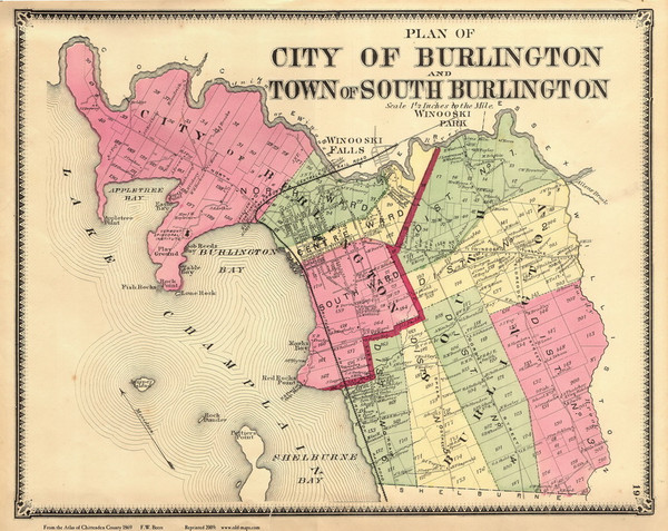 Burlington and South Burlington, Vermont 1869 Old Town Map Reprint - Chittenden Co.