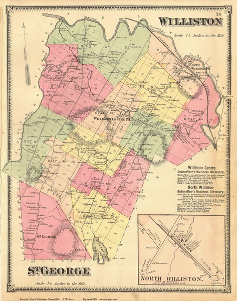 Williston Town and St. George Towns, North Williston Village, Vermont 1869 Old Town Map Reprint - Chittenden Co.