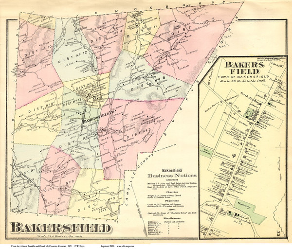 Bakersfield and Bakersfield Village, Vermont 1871 Old Town Map Reprint - Franklin Co.