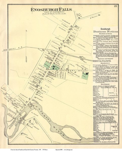 Enosburgh Falls Village, Vermont 1871 Old Town Map Reprint - Franklin Co.