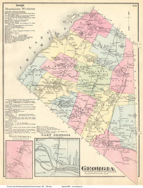 Georgia Town, East Georgia and West Georgia Villages, Vermont 1871 Old Town Map Reprint - Franklin Co.