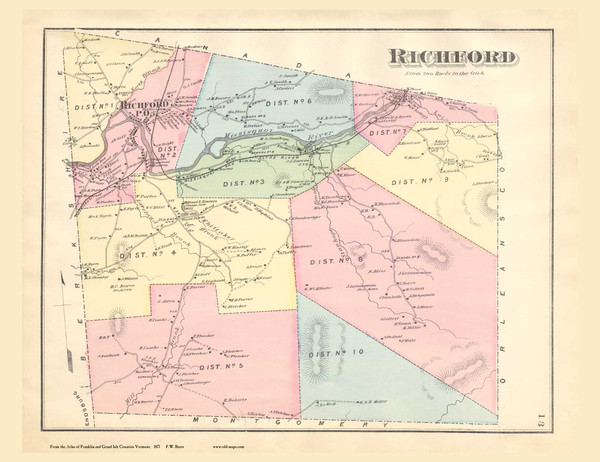 Richford, Vermont 1871 Old Town Map Reprint - Franklin Co.