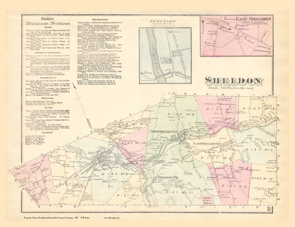 Sheldon Town, East Sheldon and Junction Villages, Vermont 1871 Old Town Map Reprint - Franklin Co.