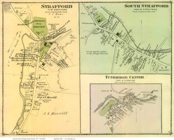 Strafford, South Strafford, and Tunbridge Center Villages, Vermont 1877 Old Town Map Reprint - Orange Co.
