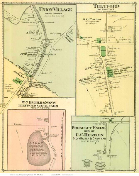 Thetford and Union Villages, Vermont 1877 Old Town Map Reprint - Orange Co.