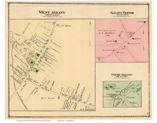 West Albany, Albany Center, and South Albany Villages, Vermont 1878 Old Town Map Reprint - Orleans Co.