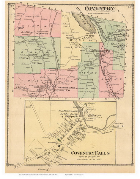 Coventry Town, Coventry Falls Village, Vermont 1878 Old Town Map Reprint - Orleans Co.