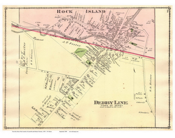 Derby Line and Rock Island Villages, Vermont 1878 Old Town Map Reprint - Orleans Co.
