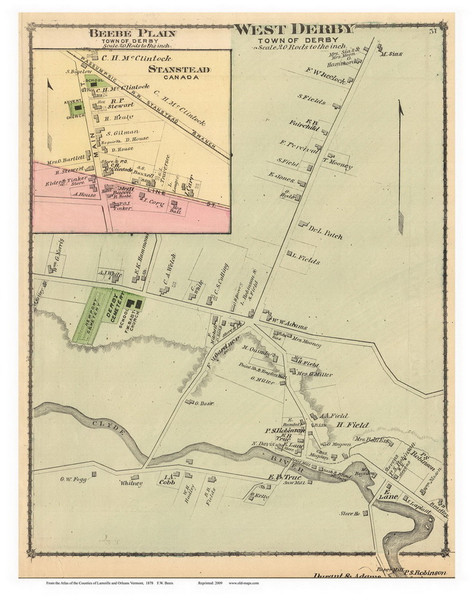 West Derby and Beebe Plain Villages, Vermont 1878 Old Town Map Reprint - Orleans Co.