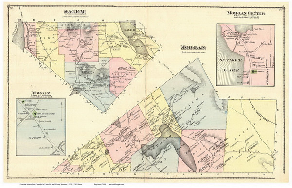 Morgan and Salem Towns, Morgan and Morgan Center Villages, Vermont 1878 Old Town Map Reprint - Orleans Co.