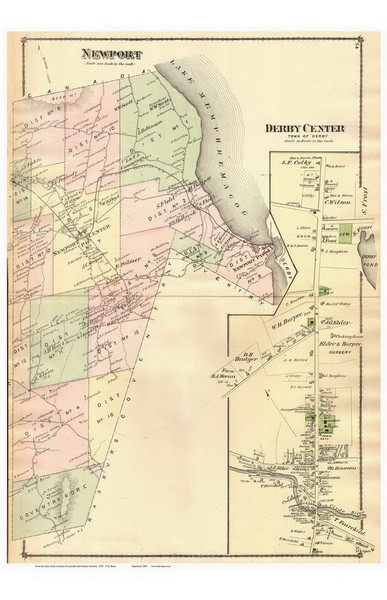 Newport Town, Derby Center Village, Vermont 1878 Old Town Map Reprint - Orleans Co.