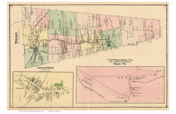 Troy Town and South Troy Village, Vermont 1878 Old Town Map Reprint - Orleans Co.