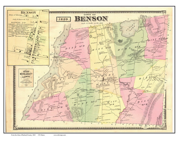Benson Town and Village, Vermont 1869 Old Town Map Reprint - Rutland Co.