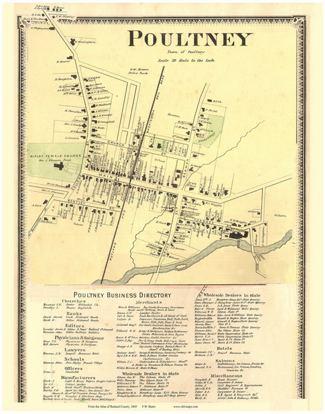 Poultney Village and Business Directory, Vermont 1869 Old Town Map Reprint - Rutland Co.