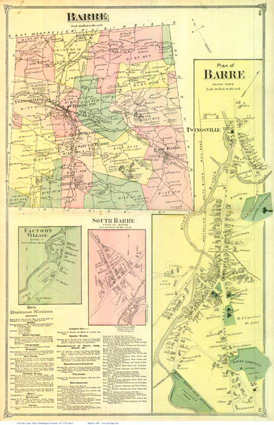 Barre Town, Factory Village, Barre, and South Barre Villages, Vermont 1873 Old Town Map Reprint - Washington Co.