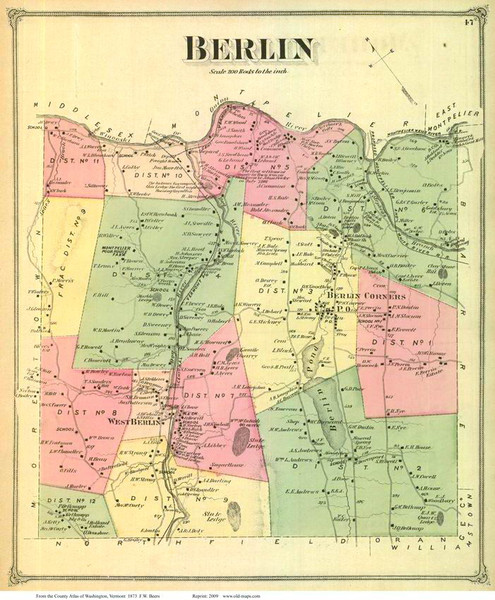 Berlin, Vermont 1873 Old Town Map Reprint - Washington Co.