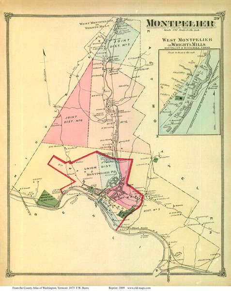 Montpelier Town, West Montpelier or Wright's Mills Village, Vermont 1873 Old Town Map Reprint - Washington Co.