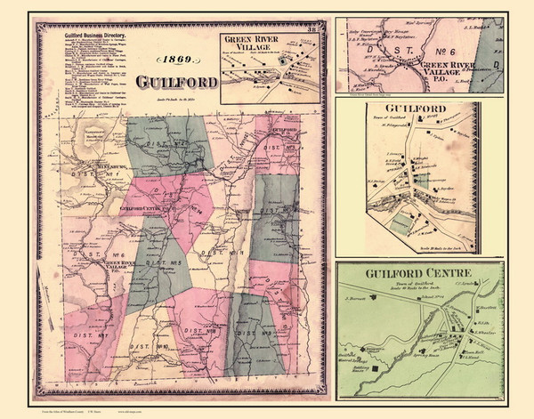 Guilford Town & Villages, Vermont 1869 Old Town Map Reprint - Windham Co.