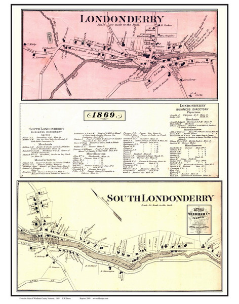 Londonderry Villages Custom, Vermont 1869 Old Town Map Reprint - Windham Co. Londonderry Villages Custom, Vermont 1869 Old Town Map Reprint - Windham Co.