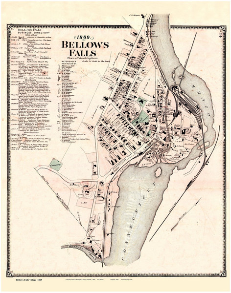 Bellows Falls - Rockingham, Vermont 1869 Old Town Map Reprint - Windham Co. Bellows Falls - Rockingham, Vermont 1869 Old Town Map Reprint - Windham Co.
