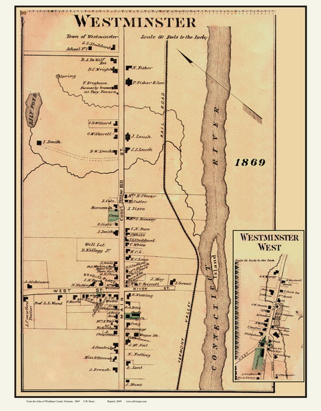 Westminister Village, Vermont 1869 Old Town Map Reprint - Windham Co.