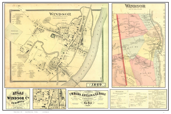Windsor Poster Map, 1869 Old Town Map Custom Print - Windsor Co. VT