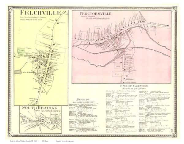Felchville, Proctorsville, and South Reading Villages - Cavendish, Vermont 1869 Old Town Map Reprint - Windsor Co. Felchville, Proctorsville, and South Reading Villages - Cavendish, Vermont 1869 Old Town Map Reprint - Windsor Co.