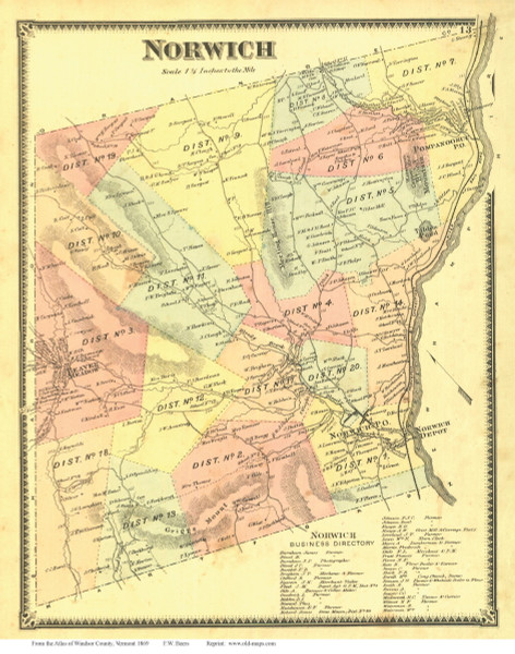 Norwich, Vermont 1869 Old Town Map Reprint - Windsor Co.